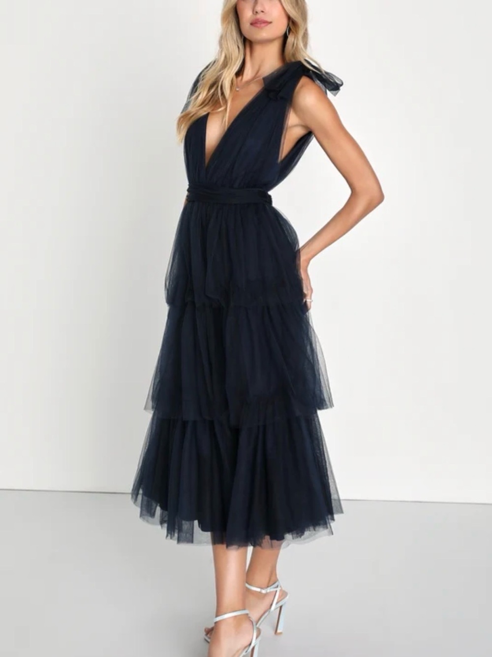 Lulus Flawless Arrival Navy Blue Tulle Tie-Strap Tiered Maxi Dress